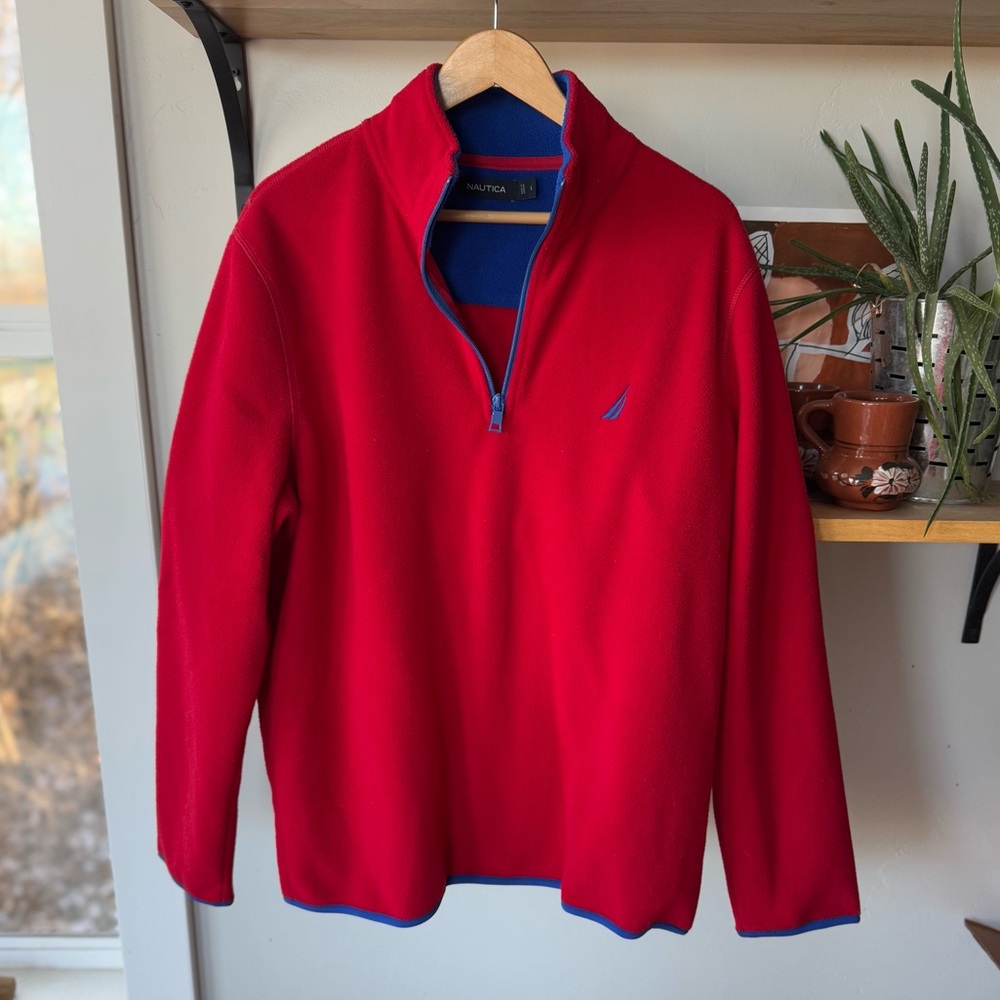 Nautica Red Cobalt Blue Trim Quarter Zip Fleece Sweatshirt Large